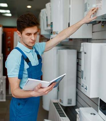 Plumber in uniform choosing boiler at showcase in plumbering store. Man with notebook buying sanitary engineering in shop, water heater choice